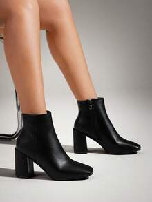 SHUZIA 女式简约舒适性感尖头粗跟踝靴 - 黑色 - 查看 2