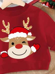 SHEIN Baby Girl Merry Christmas Cute Festive Cartoon Reindeer Print Red Knitted Soft Crew Neck Loose Casual Thick Warm Sweatshirt, Suitable For Autumn/Winter - Burgundy - View 5