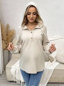 SHEIN 孕妇纽扣式抽绳插肩袖运动衫，适合冬季孕妇穿着 - 杏色 - 查看 5