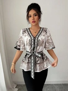 Rafferiza Camisa de manga corta con cintura entallada y estampado floral en forma de A, para primavera/verano y vacaciones - Multicolor - Ver 3