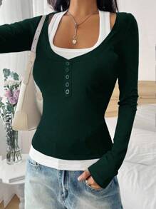 Zavorell 复古撞色长袖T恤休闲修身上衣欧美风秋季 - 墨綠色 - 查看 5