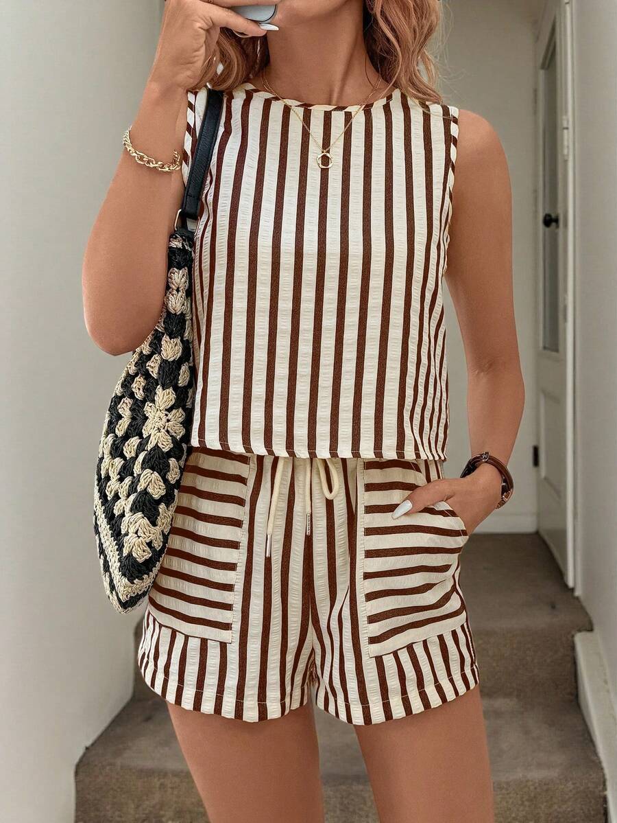 Easowa Women's Casual Striped Sleeveless Top And Pants 2 Pieces Set, Suitable For Summer Daily Wear