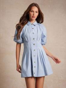 WESTFADE Striped Collared Button Front Short Puff Sleeve Pleated Fit & Flare Mini Shirt Dress Back To School Cute Fall Clothes Summer Country Concert - Blue - View 3