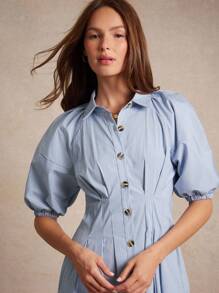 WESTFADE Striped Collared Button Front Short Puff Sleeve Pleated Fit & Flare Mini Shirt Dress Back To School Cute Fall Clothes Summer Country Concert - Blue - View 6