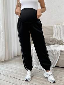 SHEIN 孕妇纯色侧条纹贴袋裤 - 黑色 - 查看 4