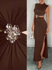 Rafferiza 女士优雅立领镂空性感金属花卉无袖紧身连衣裙，日常，黑色，修身，约会，派对，简约，纯色，返校，休闲 - 棕色 - 查看 5
