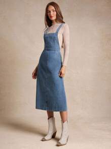 WESTFADE 肩带可调节肩带休闲棉混纺牛仔背带连衣裙返校可爱秋季夏季乡村音乐会 - 中等水洗藍 - 查看 3