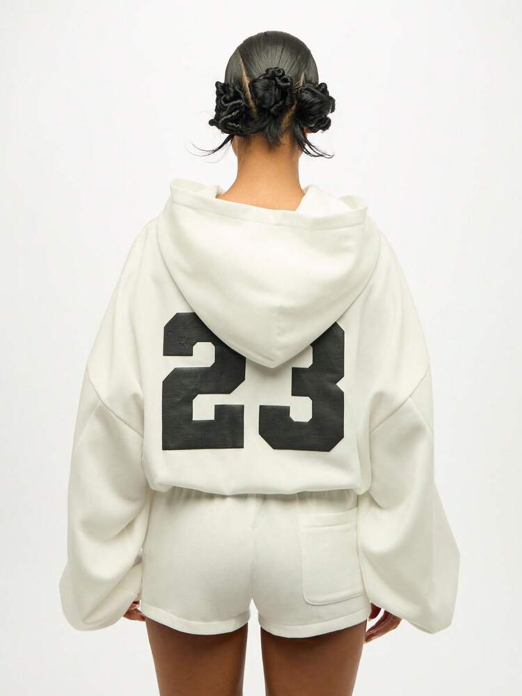 SUMWON WOMEN Oversized Cropped Hoodie With Varsity Number Print