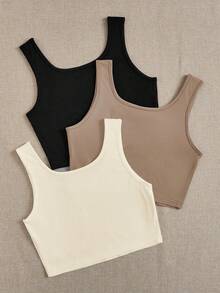 SHEIN EZwear 3 件套女士黑色、卡其色、杏色超短款紧身休闲吊带背心上衣，适合夏季 - 彩色 - 查看 2