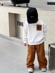 SHEIN 2pcs/Set Kids Boy White Winter Back-To-School Career Day Casual Color Block Patchwork Crew Neck Sweatshirt & Elastic Waist Pants Fleece Thickened Set - Multicolor - View 11