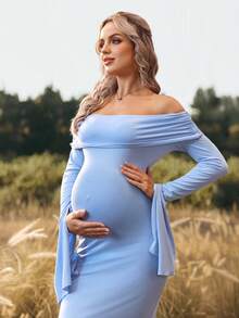 Cheriluna Maternity Vestido de maternidad de manga larga con hombros descubiertos, adecuado para fotografía de baby shower y fiestas - Celeste - Ver 3