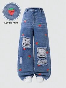 Tween Girl Dark Wash Blue Distressed Strawberry Print Wide Leg Jeans Strawberry Jeans ,Y2K Style Summer Holiday Fall Winter - Medium Wash - View 3