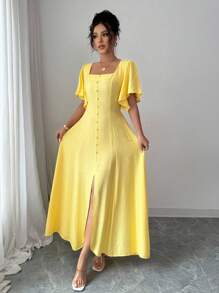 Rafferiza Women Casual Square Collar Ruffle Sleeve Solid Color Yellow Dress - Yellow - View 4