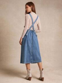 WESTFADE 肩带可调节肩带休闲棉混纺牛仔背带连衣裙返校可爱秋季夏季乡村音乐会 - 中等水洗藍 - 查看 2