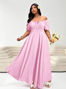 Solflare 大码女式黄色短袖休闲系带束腰优雅度假装，适合春夏、夏季、夏季穿着，也可作婚礼宾客连衣裙或束腰连衣裙。 - 粉色 - 查看 6