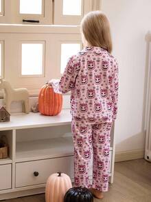 2pcs/Set Young Girl' Purple Pumpkin Lantern & Star Print Long Sleeve Cardigan And Pants Pajama Set,Cute Halloween Purple Pumpkin Pattern - Purple - View 2