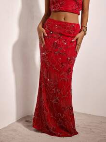 女士度假亮片装饰低腰美人鱼裙摆半身裙，红色亮片长裙，适合秋季、冬季、万圣节装扮、仙女风、商务休闲、圣诞节优雅性感派对约会之夜、婚礼宾客裙装、哥特风 - 紅色 - 查看 5