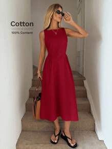 Easowa Đầm suông chữ A cổ tròn, xếp ly eo, đầm midi thanh lịch cho nữ, làm từ vải cotton hữu cơ, thích hợp cho mùa xuân và mùa hè - Đỏ - Xem 6