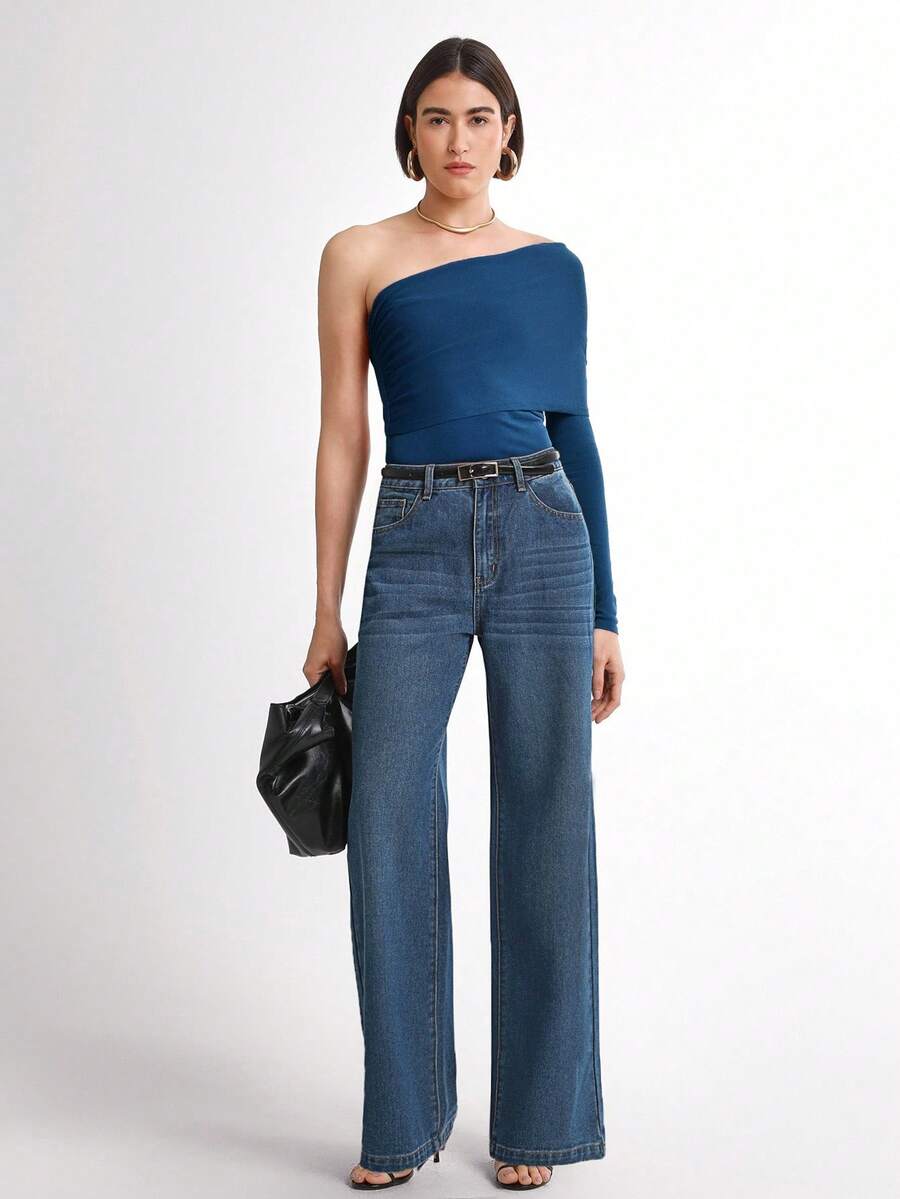 Daynim 女士休闲直筒牛仔裤 - 中等水洗藍 - 查看 1