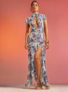 Hauture Abstract Floral Animal Print Lace Mesh Dress - Blue - View 4