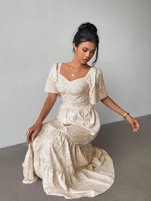 Elenzga Summer Short Sleeve Vacation Beach Music Festival Pink Floral Maxi Dress