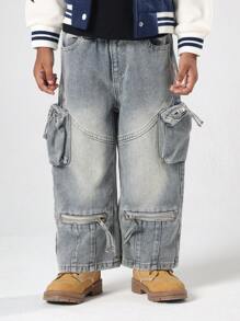 SUMWON Pantalones vaqueros cargo de pierna ancha para niños, de ajuste holgado, estilo urbano de moda, con múltiples bolsillos con cremallera, lavado vintage ligero, máximo confort para uso diario, para otoño e invierno - Azul - Ver 1