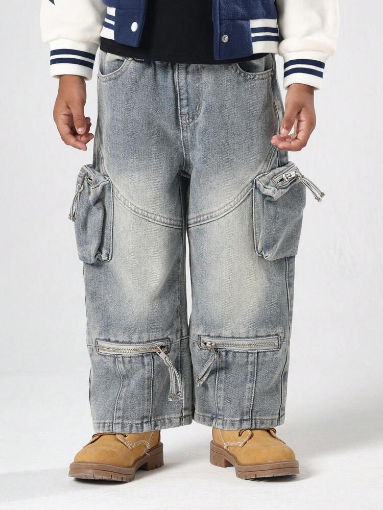Wide Leg Denim Cargo Jeans With Multiple Zipper Pockets