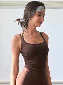 Studio SHEIN Sport 1pc Women's Dark Coffee Color Sports Tank Top, Knitted Seamless Comfortable ...