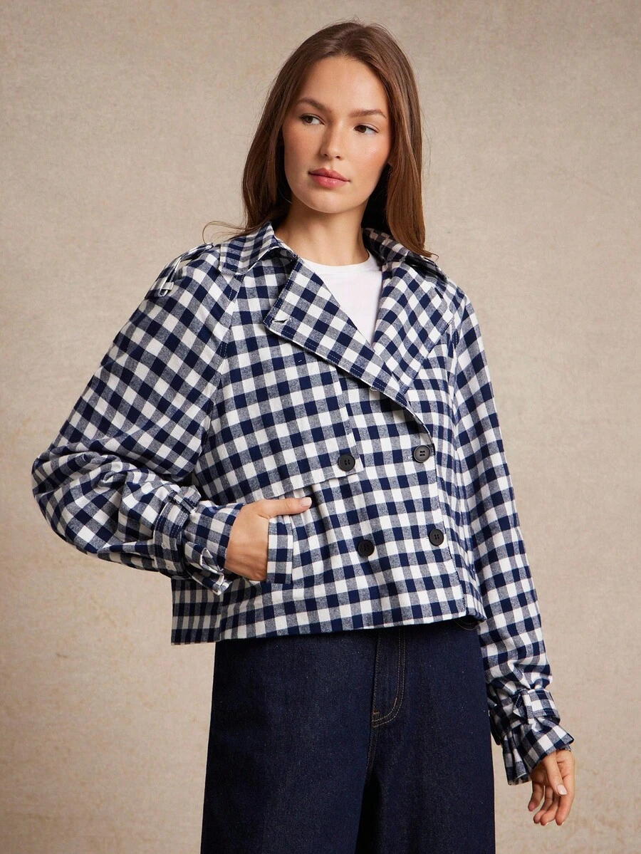 WESTFADE Gingham Notch Collar Double Breasted Boxy Fit Cropped Trench Coat Back To School Cute Fall Clothes