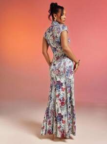 Hauture Abstract Floral Animal Print Lace Mesh Dress - Blue - View 3