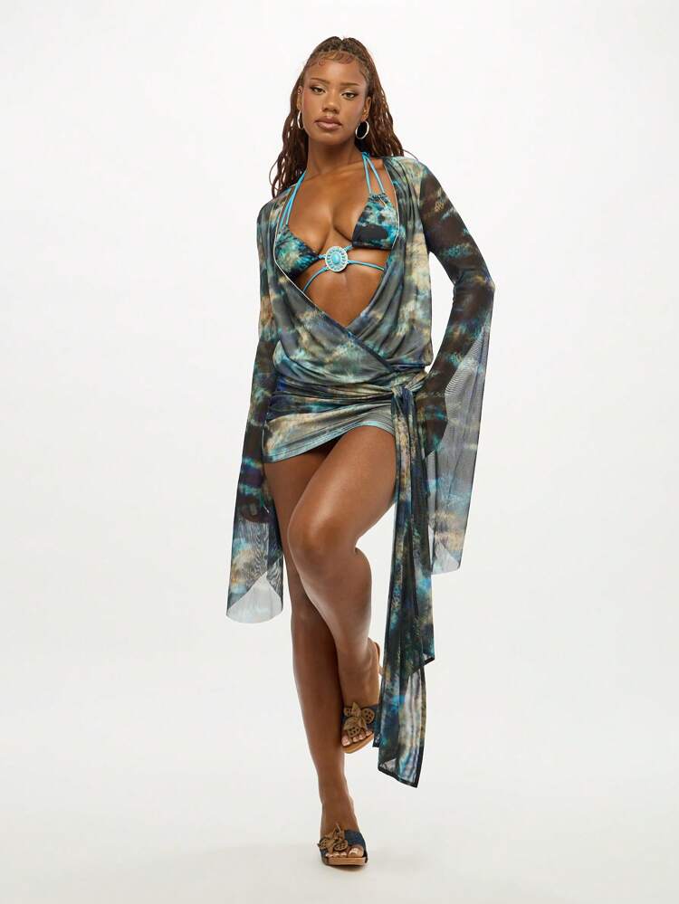 SUMWON WOMEN Tie Dye Print Mini Wrap Dress With Bell Sleeves