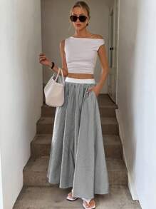 Easowa 撞色腰带斜口袋裙，条纹休闲度假优雅街头服饰女式条纹长裙夏季 - 黑與白 - 查看 5