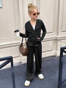 SHEIN Tween 女童纯黑色拉链连帽衫上衣夹克和阔腿裤两件套，适合春秋季休闲装和日常穿着 - 黑色 - 查看 10