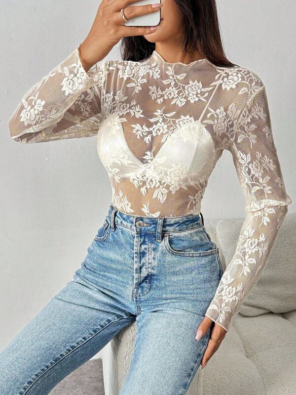 Allurite Women Simple Solid Color Lace Decor Sheer Long Sleeve Blouse Fall Cloth For Women