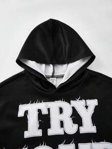 SHEIN 2 件装青少年男孩休闲运动街头时尚抓绒材质大字母图案连帽运动衫和喇叭裤套装适合儿童服装幼儿男孩服装返校男孩套装适合生日派对、晚会、表演、婚礼、洗礼、开幕式日常适合日常使用适合上学适合旅行适合运动适合秋冬季节 - 黑色 - 查看 3