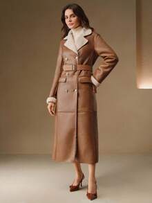 Anewsta 棕褐色仿毛皮领双排扣长款大衣，配腰带，优雅高档，秋冬款 - 咖啡棕 - 查看 2