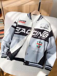 SHEIN Teen Boys Street Wear Bomber Jacket Biker Jacket Cool Letter Racing & Number Printed Zipper Jacket With Long Sleeves Haut Casual Comfortable Versatile Loose Fit Printed Jacket Baseball Jacket Fall Autumn And Winter - Multicolor - View 3