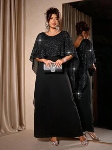 Cravure Abito elegante da donna con collo rotondo, in tessuto in maglia tinta unita nera con inserti in chiffon metallizzato lucido, taglio aderente, adatto per feste, autunno/inverno, taglie comode - nero - Visualizzare 6