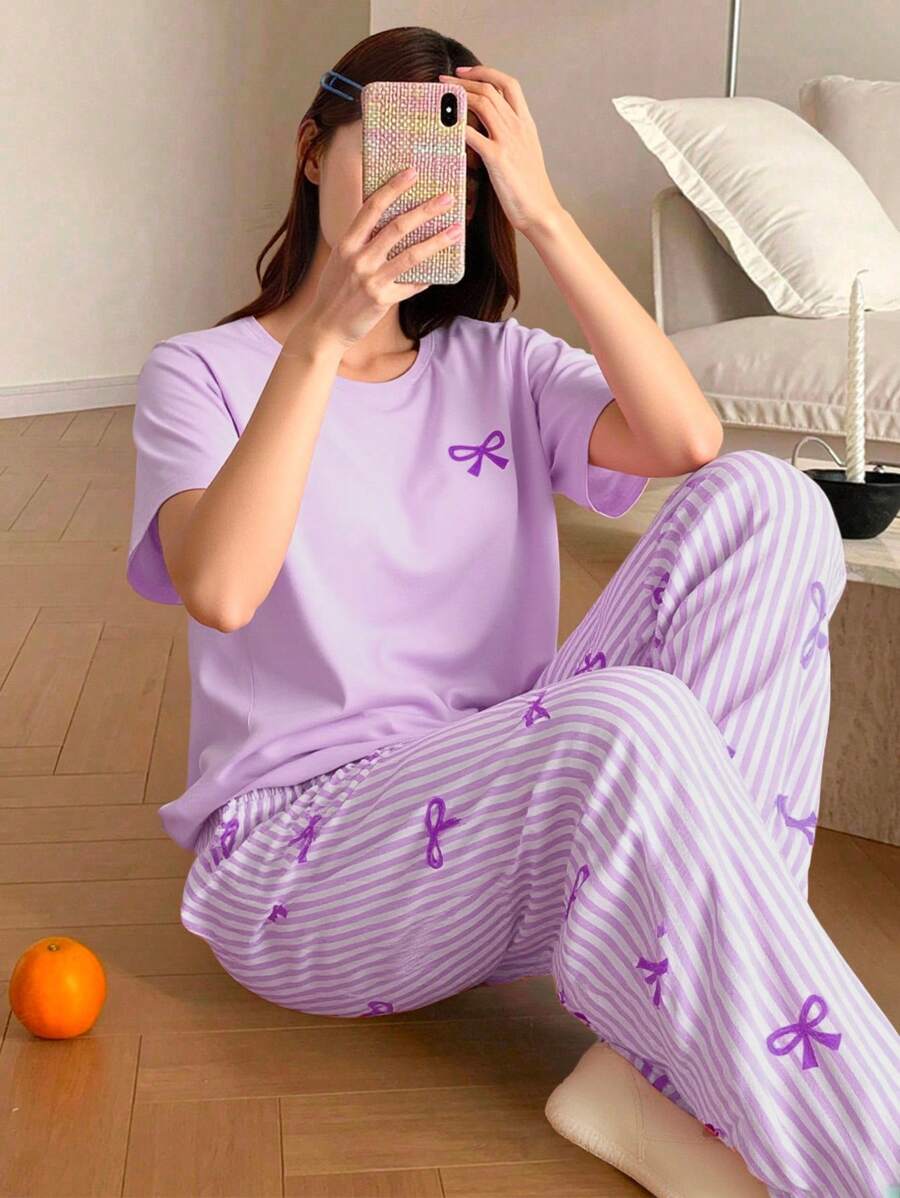 2 件套青少年女孩甜美可爱优雅简约时尚新款紫色蝴蝶结圆领短袖上衣和紫色条纹蝴蝶结裤子休闲舒适睡衣 - 紫色 - 查看 1