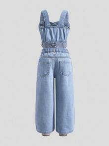 2 件套年轻女孩休闲舒适时尚度假风格牛仔裤和无袖短款上衣，柔软轻便，夏季 - 淺色水洗藍 - 查看 2