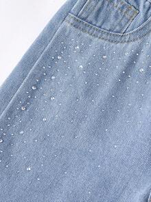 2 件套年轻女孩休闲舒适时尚度假风格牛仔裤和无袖短款上衣，柔软轻便，夏季 - 淺色水洗藍 - 查看 7