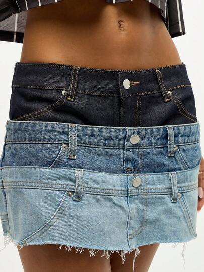 SUMWON WOMEN Tiered Denim Mini Skirt Stacked Waistband Design Frayed Raw Hem Summer Beach Festival Y2K Distressed Casual Multi Layer Skirt