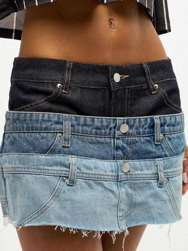 SUMWON WOMEN Tiered Denim Mini Skirt With Stacked Waistband And Raw Hem