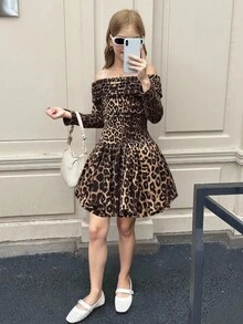 SHEIN 青少年女孩棕色印花露肩長袖可愛迷你洋裝，泡泡下擺，秋季動物印花，秋季生日派對 - 黑色 - 查看 9