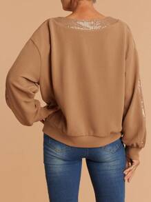 SHEIN LUNE 女式休闲豹纹拼布亮片装饰V领运动衫 - 彩色 - 查看 2