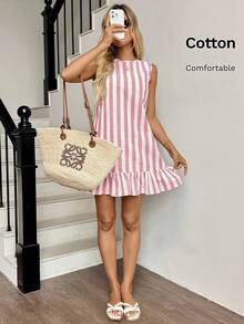 Easowa 蓝白条纹荷叶边下摆无袖圆领女式迷你连衣裙，波西米亚风格 - 彩色 - 查看 2