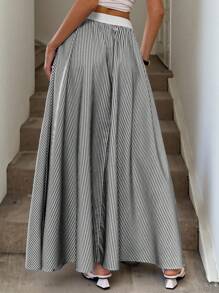 Easowa 撞色腰带斜口袋裙，条纹休闲度假优雅街头服饰女式条纹长裙夏季 - 黑與白 - 查看 2