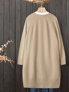 SHEIN LUNE Áo khoác cardigan dệt kim cổ chữ V tay dài màu trơn cỡ lớn dành cho nữ, mùa đông - Màu Khaki - Xem 2