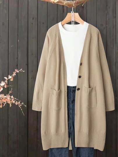 SHEIN LUNE Plus Size Women Solid Color Knitted V-Neck Long Sleeve Mid-Length Casual Cardigan, Winter Fall Cloth For Women Autumn