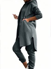 SHEIN LUNE Của phụ nữ Màu thuần Thả vai Tay áo dài áo có mũ Áo khoác Và Quần Bộ - Xám - Xem 3